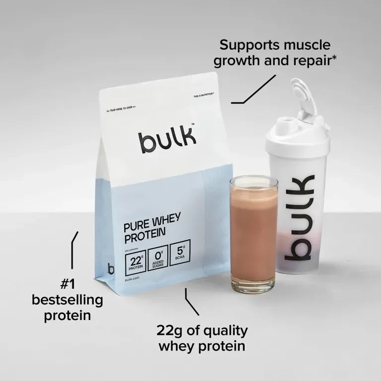 Bulk Pure Whey Protein bag with 22g protein, shaker, and glass, supporting muscle growth and repair