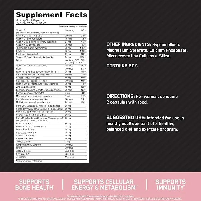 Supplement facts label for women’s health, supporting bone, energy, immunity with vitamins and minerals