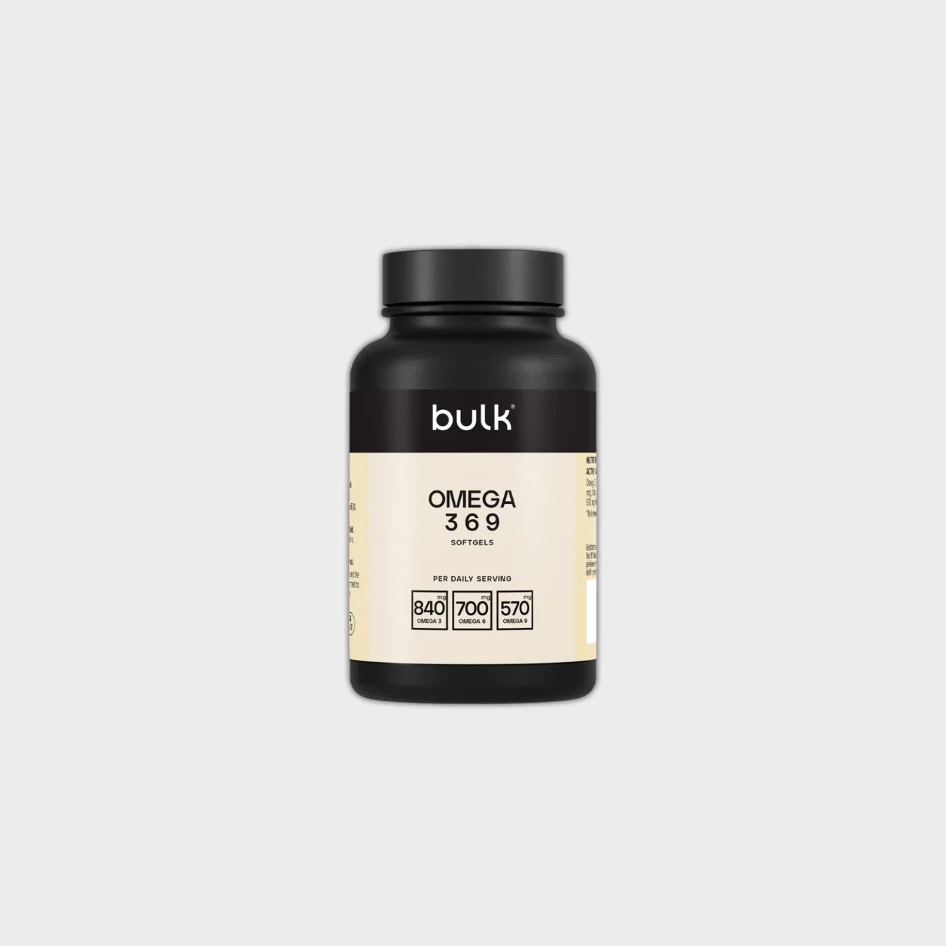 Bulk Omega 3 6 9 softgels supplement bottle with daily serving amounts displayed