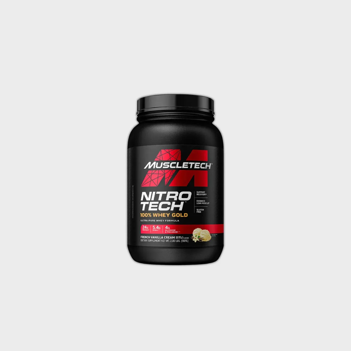 MuscleTech Nitro Tech 100% Whey Gold protein powder, French Vanilla Cream flavor, gluten-free muscle support supplement