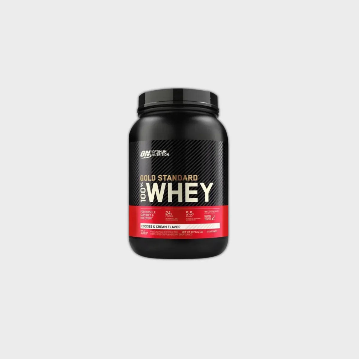 Optimum Nutrition Gold Standard 100% Whey protein powder, cookies & cream flavor for muscle recovery