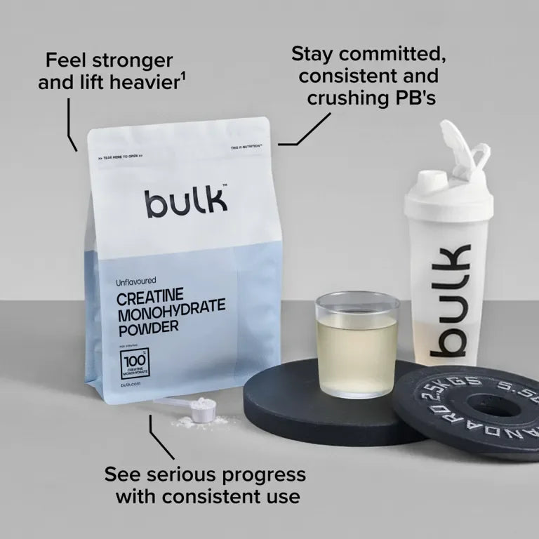 Bulk Creatine Monohydrate Powder for strength, muscle gain, and workout recovery with shaker and weights