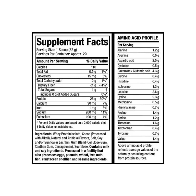 Supplement Facts label showing protein, amino acids, and ingredients for a nutritional powder