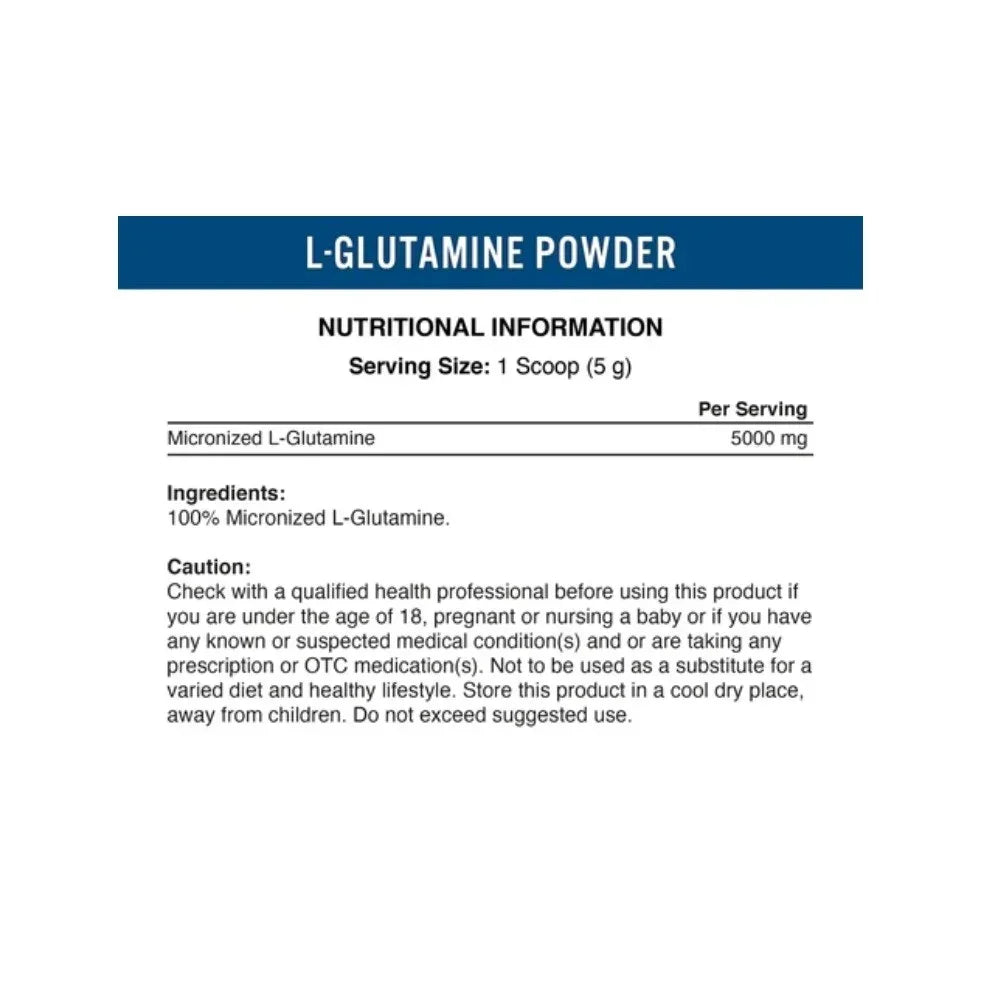 L-Glutamine Powder nutritional label with 5000 mg per serving, ingredients, and usage caution details