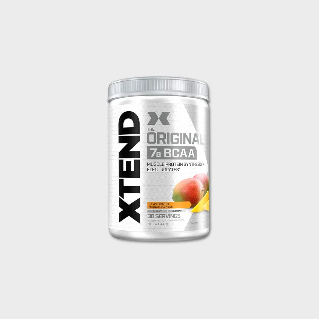XTEND Original 7g BCAA supplement, Mango Madness flavor, supports muscle protein synthesis and electrolytes