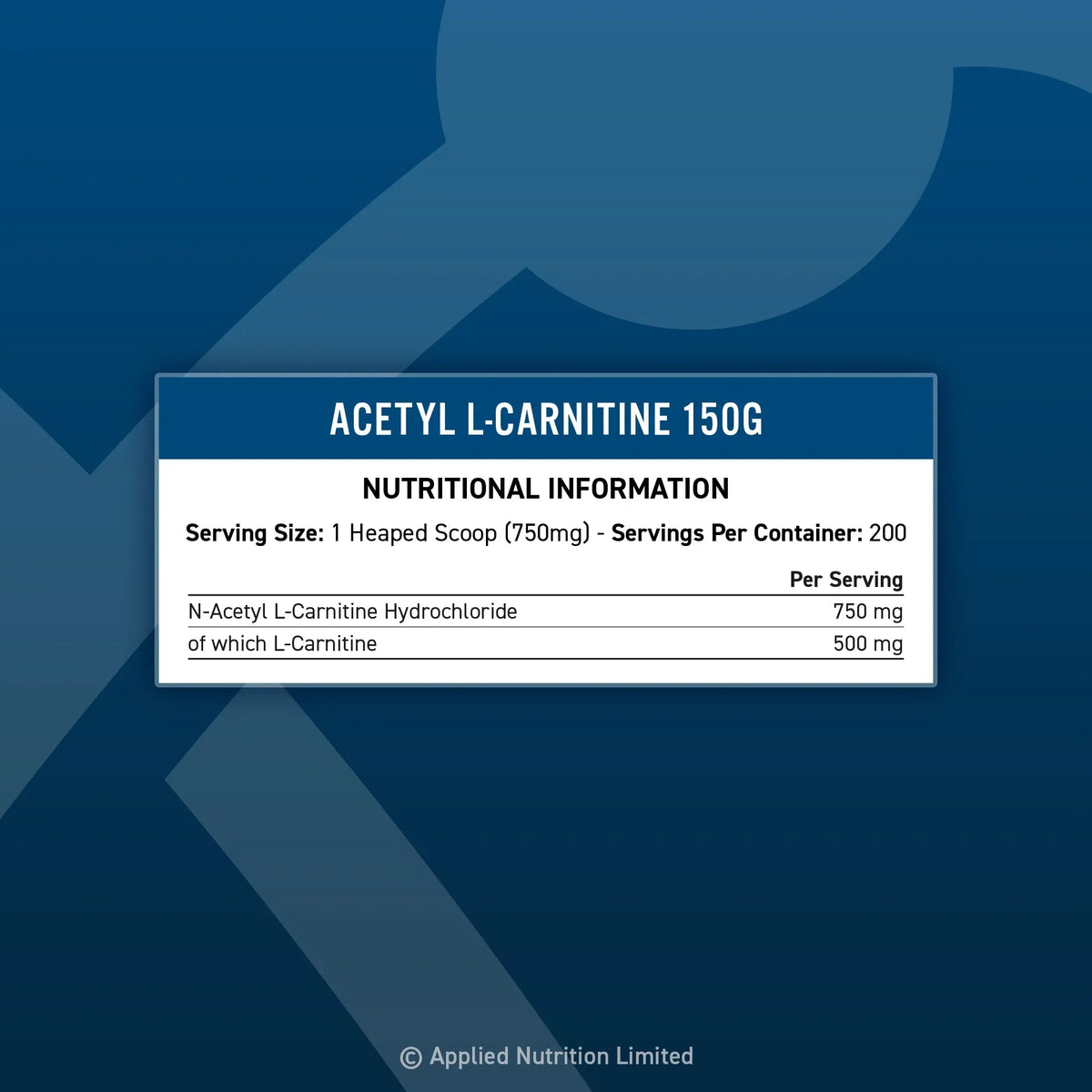 Acetyl L-Carnitine 150g supplement nutritional facts, 750mg per serving, L-Carnitine 500mg, dietary supplement info