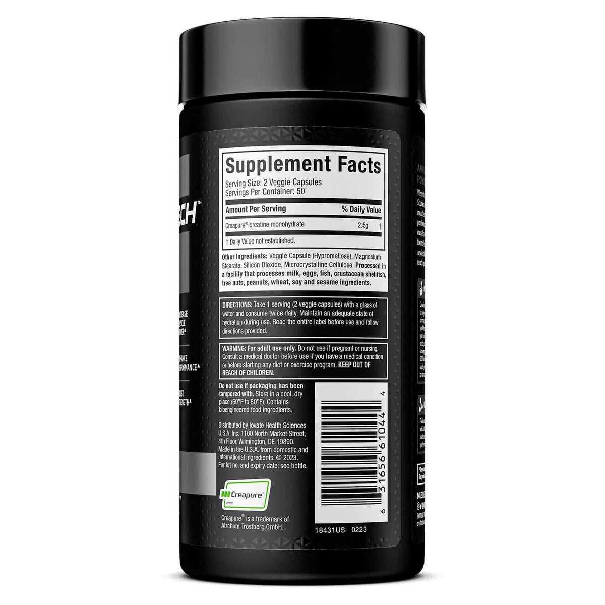Black supplement bottle showing Creapure creatine monohydrate facts, dosage, and ingredients for muscle support.