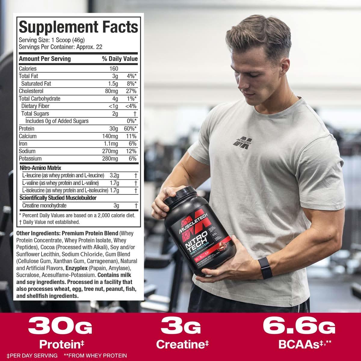 MuscleTech Nitro Tech whey protein supplement with 30g protein, 3g creatine, 6.6g BCAAs per serving