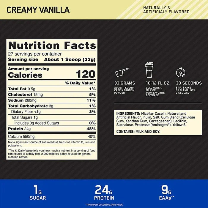 Creamy Vanilla protein powder nutrition facts, 24g protein, 1g sugar, 9g EAAs per serving, naturally & artificially flavored