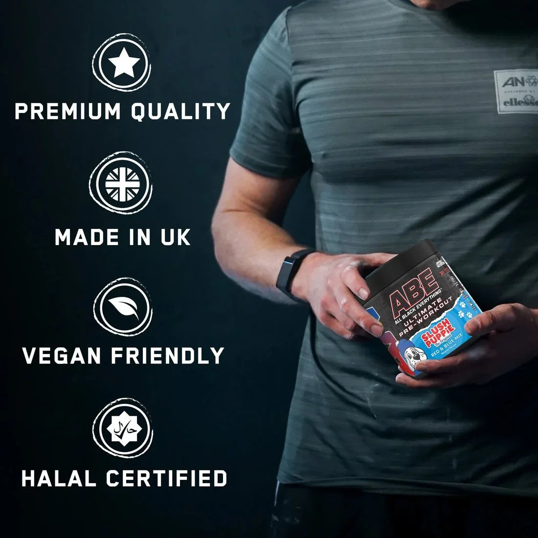 Man holding ABE pre-workout supplement, vegan, Halal certified, made in UK, premium quality