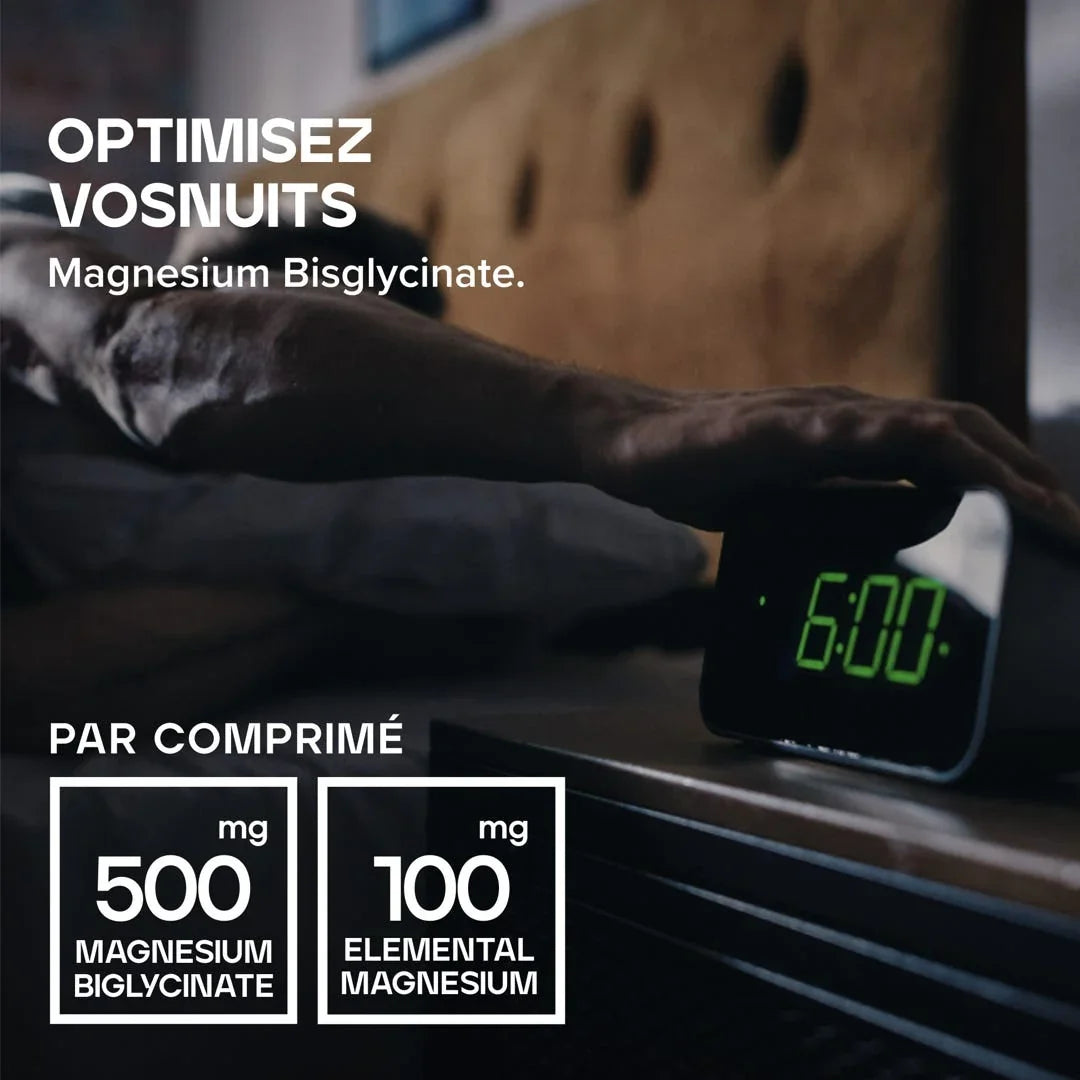 Magnesium Bisglycinate supplement for better sleep, 500mg per tablet, shown beside alarm clock at 6:00 AM