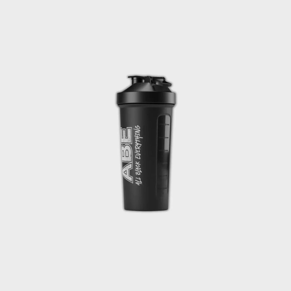 Black shaker bottle with 'ABE All Black Everything' text, ideal for protein shakes and supplements
