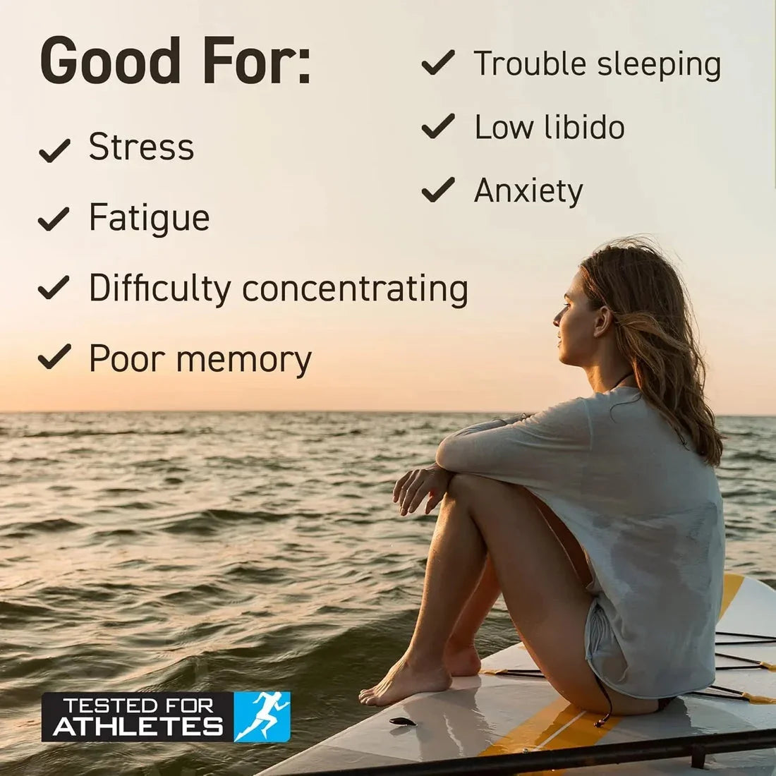 Woman on paddleboard at sunset, benefits for stress, fatigue, sleep, anxiety, focus, memory – tested for athletes