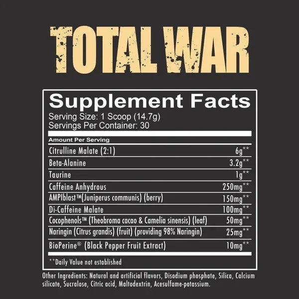 Total War pre-workout supplement facts label with caffeine, citrulline, and beta-alanine for energy and focus
