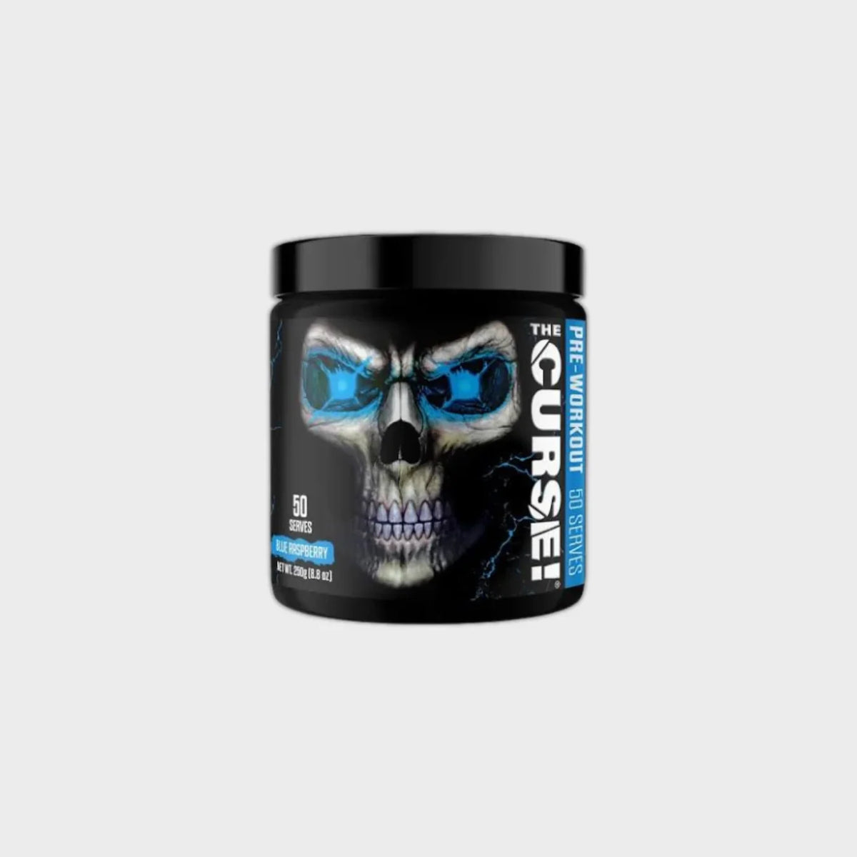 The Curse pre-workout supplement with skull design, blue raspberry flavor, 50 serves